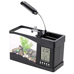 YWSZJ Acquario USB Mini Aquarium Creative Fish Jar con pompa dell’acqua GUIDATO Light Lamp Desktop Calendario Doning Clock Aquariums Bowl (Color : Black, Size : 14.5 * 13 * 9.2cm)