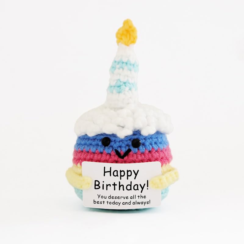 Premium Handknitted Crochet Happy Birthday Support Doll – Positive Encouragement Gift with Message Card – Cute Desk Accessory & Party Decoration – Emotional Support Toy for Friends & Family, 12cm