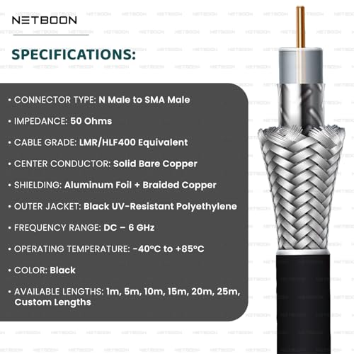Image of HLF400 Coaxial Cable Assembly with SMA Male to N Male Connector | Low Loss 50 Ohm RF Cable (25 Meter)