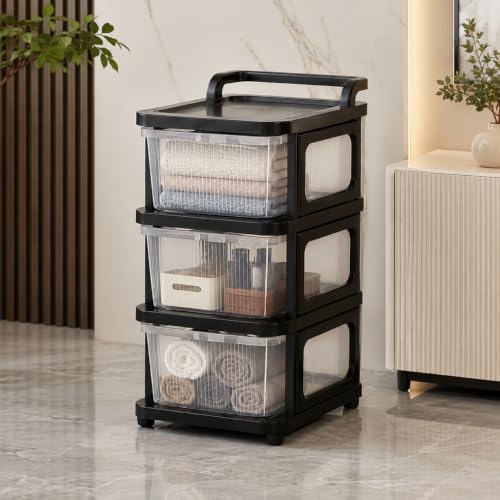 Image of Heavy Duty Plastic Storage Drawer with Wheels | Modular Cabinet for Bedroom, Office, Home or Classroom| Chest of Drawers Organiser for Cosmetics, Kitchen items, Toys (Transparent, 3)