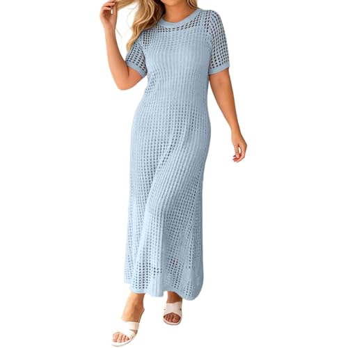 Vestidos Verano Mujer Vestido Informal Calado de Cuello Redondo, cómodo y Holgado, Estilo túnica veraniega, para Uso Diario. (Blue, M)
