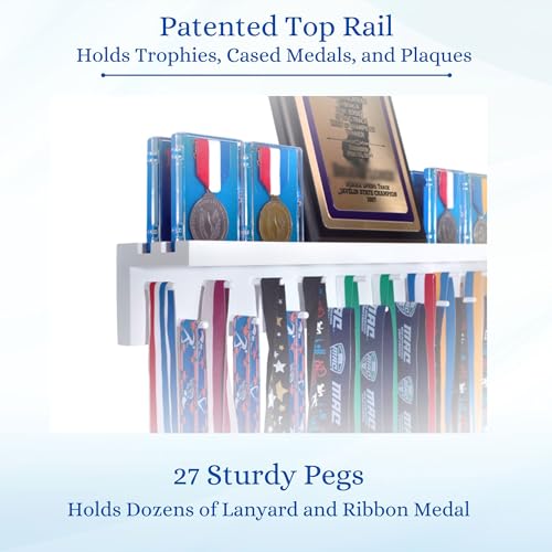Image of 3ft Medal Hanger Display for Wall - Trophy Shelf with Hooks for Medals - 36 inch Solid Wood - Holds 30+ Medals + Cased Medals for Running, Gymnastics, Cheer, Karate - White- Medal Awards Rack