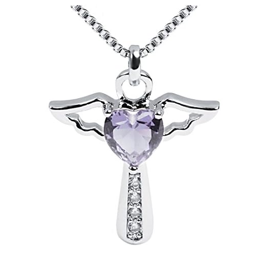 Ckysee Birthstone Necklaces Cross Necklace for Women Girls Cubic Zirconia Angel Wing Birthstone Heart Charm Pendant Necklace Gifts for Valentine（June- Alexandrite）
