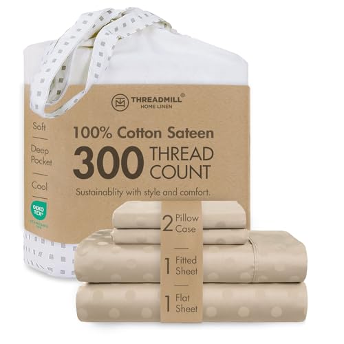 Image of Threadmill Cotton Full Size Sheet Set | 100% Cotton Sheets for Full Size Bed | Damask Jacquard Full Bed Sheets Set with 16 inch Deep Pocket | Soft Sateen Weave 4-Piece Cooling Bedding Set | Beige