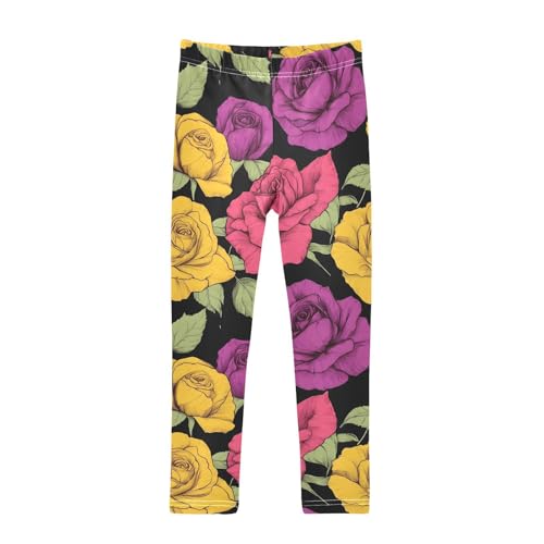 Colorful Roses Girls Leggings Ultra Soft Compression Yoga Gym Pants for Kids 4-10T