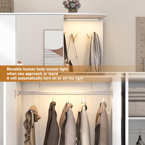 XVD Armoire Wardrobe Closet with Mirror & Sensor Light, Bedroom Armoire with 5 Doors & 2 Drawers, Modern Wooden Large Wardrobe Closet with Shelves, 4 Hooks, 2 Hanging Roods, Open Space, White