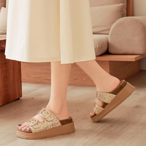 Image of Womens Platform Sandals Cork Footbed with Comfort Double Buckles,Slip on Platform Slides Summer Beach Wide Widths Sandal Shoes