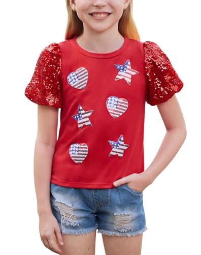 Image of BesserBay Girls 4th of July Sequins Stars Shirt Stripes Puff Short Sleeves Top Shiny Crew Neck Blouse 6-14 Years