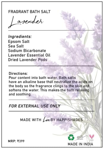 Image of Happishades Bath Salt | For Body & Foot Spa, Calming, Relaxing, Muscle Aches Pain Relief, Aromatherapy | Pure & Natural Epsom, Sea Salt & Essential Oils - 200 grams (Lavender & Lemon)