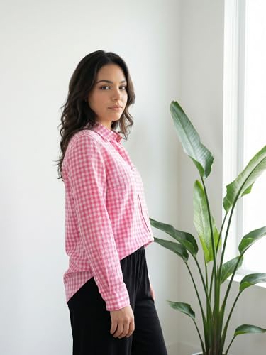 Image of OOMPH! Women Checked Smart Casual Shirt | Women's Gingham Check Shirts | Full Sleeve Button-Down Casual Westernwear for Women | Smart Fit Office Wear Top