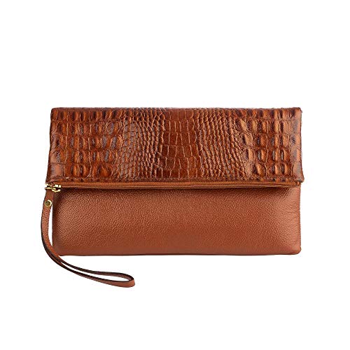 Clutch de couro com alça de mão Nikki - Whisky croco