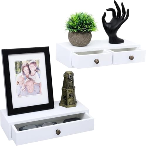 Image of W00YNEX Floating Shelves with Drawers: Wood Wall Shelves /Cabinets for Storage and Exhibition; Doubles as a Bedside or Nightstand Set of 2 in Vintage-