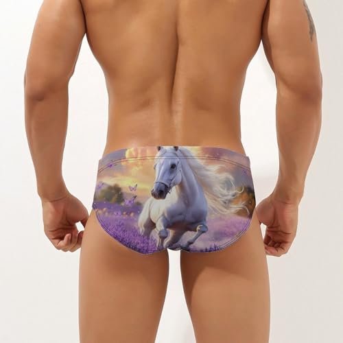 White Horse Lavender Flowers Mens Swim Briefs Quick Dry Swim Trunk Bikini Underwear Swimsuit2