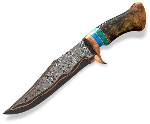 HIMALT 12’’ Handmade Copper Damascus Hunting Bushcraft Knife with Leather