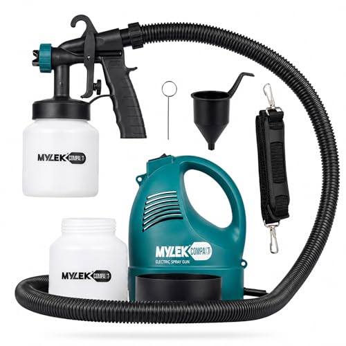Image of MYLEK Electric Paint Sprayer Gun Kit - 2 Paint Cups, Shoulder Strap, 1.5m Spray Hose, Professional Coverage, 650W, Sheds, Fences, Walls, Ceilings, Furniture, Indoor and Outdoor