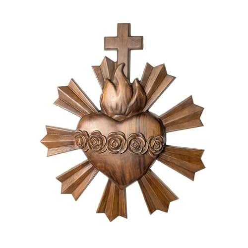 XXLTY Hand-Carved Sacred Heart of Jesus Wooden Wall Decor – Religious Art Hanging, Catholic Home Decoration, 14 * 12Inch Spiritual Gift (Rose walnut sacred heart)