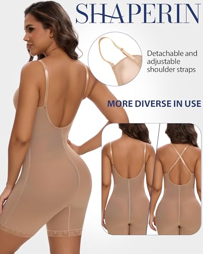 Image of SHAPERIN Backless Shapewear Strapless Bodysuit Bra Fajas U Plunge Tummy Control Low Back Full Body Shaper Corset for Women