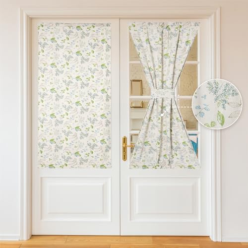 Moslovstar Farmhouse French Door Curtains 1 Pair Rustic Floral Linen Sidelight Privacy Door Panel Curtains, Branch and Leaf on Beige 25x40 Inch