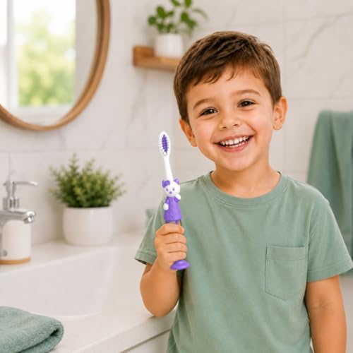 Image of Evvorio Toothbrush for Kids with Ultra Soft Bristles for Oral Cleaning, Suitable For 2-12 Years Toddlers, Cat Design, Purple, Pack of 1