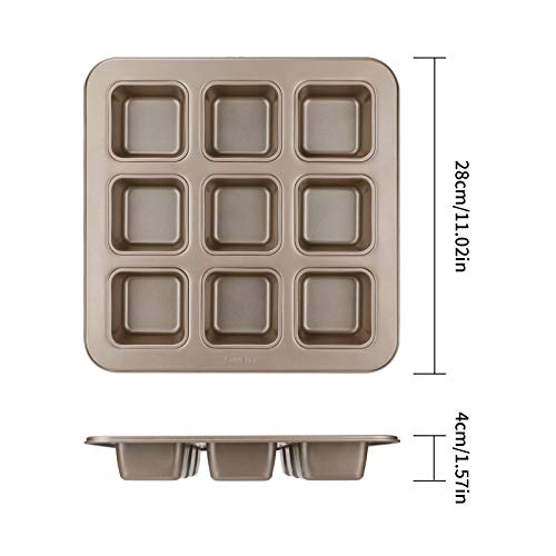Brownie Pan, 9-Cavity Non-Stick Brownie Pans Square Muffin Pan, Heavy-Weight Carbon Steel Bakeware For Oven Baking, 11"X 11" X 1.6", Champagne Gold #TOP5