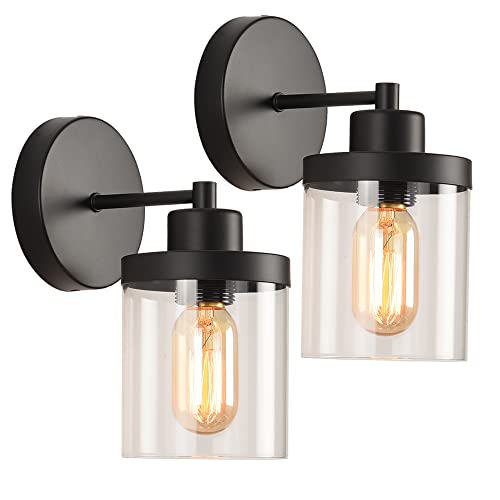 Black Wall Sconces Set of 2 Matte Black Bathroom Lights Black Sconces Indoor Wall Lighting, Metal Sconces Wall Lighting with Clear Glass Shade for Home Decor Bathroom Kitchen Living Room Hallway by CAFULAM - Used condition - CA$28.41