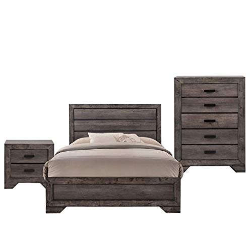BOWERY HILL Solid Wood 3 Piece Youth Full Panel Bedroom Set in Wire Brush Gray