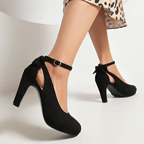 Elerhythm Women's Mary Jane Heels with Bow Retro Closed Round Toe Suede Ankle Strap Pumps Vintage Sweet Office Daily Dress Shoes3