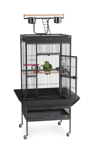 Image of Prevue Pet Products Wrought Iron Select Bird Cage - Large Steel Cage with Rolling Stand, Seed Guards, and Playtop, Ideal for Conures and Medium Birds - Black Hammertone