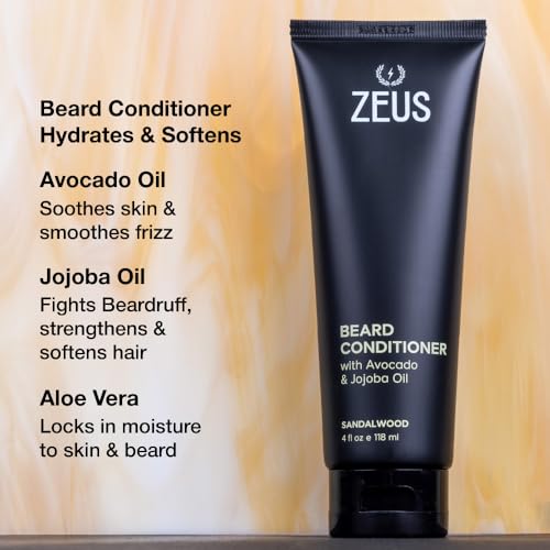Image of ZEUS Beard Conditioner for Men with Essential Oils (Sandalwood) 4 oz. | Moisturizing Beard Wash with Aloe Vera, Green Tea & Jojoba Oil for Healthier, Softer, Flake Free Beard Growth (Made in USA)