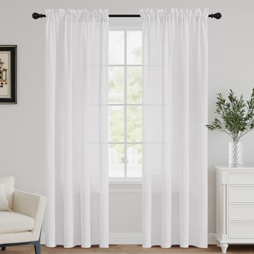 FantasDecor White Sheer Linen Curtains for Living Room 84 inch Length Rod Pocket Flax Linen Burlap...