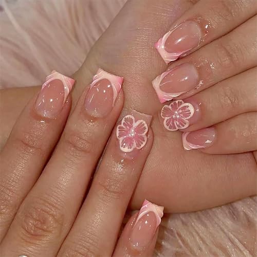GlamRays 24 Stück Französische Spitzen Aufkleber Nägel Quadratisch Kurze Falsche Nägel Vollständige Abdeckung Kirschblüten Nägel mit Perlen Design