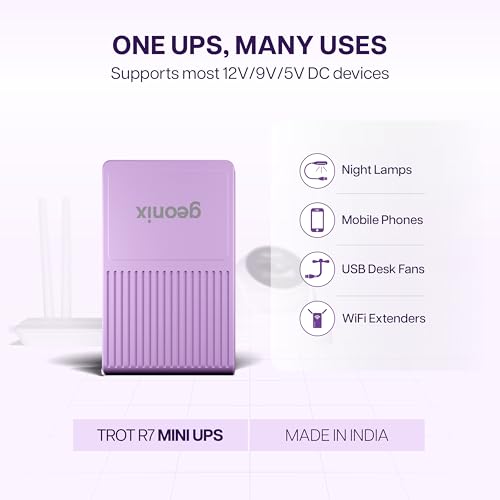 Image of Geonix Trot R7 Mini UPS, Backup Upto 6 Hrs, 2x2000 mAh Battery, Supports DC Port(12V to 2A), USB (5V /2A) Output |Power Backup for Wi-Fi Routers, CCTV Camera, Cordless Phone, Modem (African Violet)