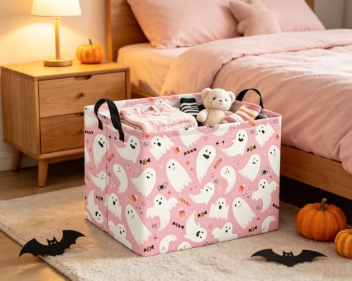 Image of Rectangular Halloween Basket for Boys and Girls Kids Trick or Treat Pumpkin Basket for Halloween Parties Cute Storage Bin Organizer Box Room Decor(Pink Halloween)