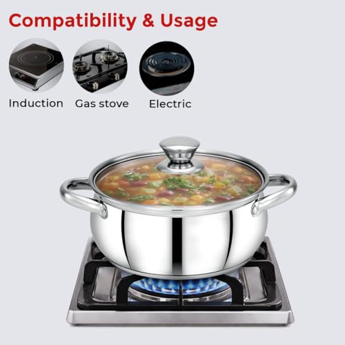 Image of Avias INOX IB Belly Stainless Steel Cookpot with Glass Lid, Triply Induction Bottom, Multi Purpose Cooking Pot, Gas & Induction Compatible, Durable & Long Lasting 14cm