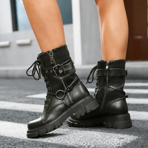Women Harness Motorcycle Biker Boots Steampunk Combat Boots Chunky Mid Calf Goth Boots Lug Sole Lace up Side Zipper2