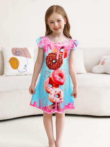 WonderBabe Girls Nightgowns Casual Dress Flutter Short Sleeves Nightdress Cat Sleepwear Pajamas Night Gowns for Kids2