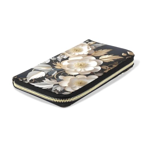 Long Wallets Leather Bifold Wallet for Women White Flower Carved with Zipper Credit Card Holder Large Capacity4