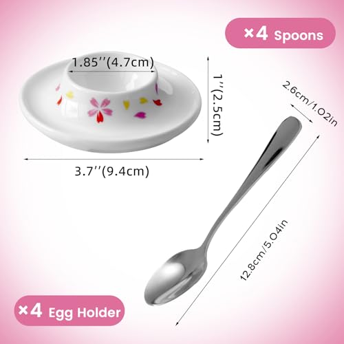 Image of Cinf Ceramic Sakura Egg Holder Set of 4 Porcelain Holder With 4Stainless Steels Egg Spoons Breakfast Boiled Cooking Easy to Clean Childhood Memories Kitchen