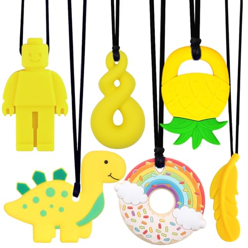 Mordedor para Bebé, 6 Piezas Mordedores Refrigerante, Autismo Masticar Colgante, Collar de Lactancia, Masticar Collar Perfecto para Niños con TDAH, Dentición, Autismo, Necesidad de Morder (Amarillo)
