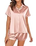 Ekouaer Silk Pajama Set for Women Bridesmaid Pajama Set Short Sleeve Button Down Pj Sets Rose Golden S