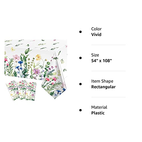 3 Pieces Summer Floral Table Cover Watercolor Wild Flowers Tablecloth Plastic Floral Tablecloth For Easter, Dining Kitchen Room Picnic Camping Party Holiday Decor, 54 X 108 Inch (Vivid Style) #TOP7