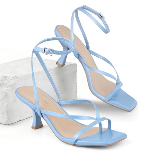 Image of Women's Kitten Heel Strappy Open Square Toe Thong Ankle Strap Heels for Wedding