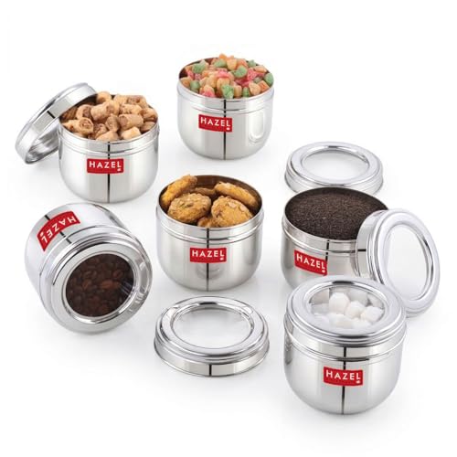 Image of HAZEL Stainless Steel Transparent Lid Containers | Versatile Storage Jars with See-Through Top | Nesting Kitchen Canisters for Spices, Snacks & Grains | 500ml (Set of 6)