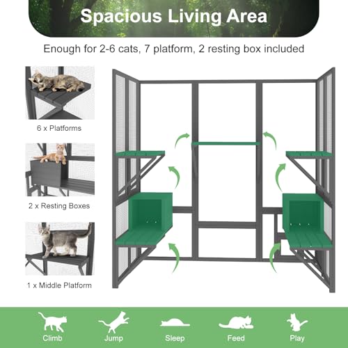 TIMHAKA Cat Catio Outdoor, Large Cat House, Outside Cat Enclosure with Sunshine Panel Roof and Waterproof Cover, Wooden Cat Cage with 7 Platforms & 2 Resting Box, Walk in Feral Cat Shelter, 72 inch