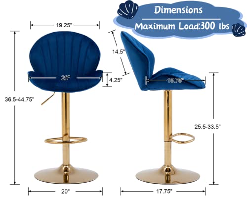 Shunzhi Swivel Velvet Bar Stools Set Of 4 Modern Adjustable Bar Height Barstools Shell Back Bar Chairs Armless Kitchen Island Stools Counter Height For Kitchen/Dining Room/Home Bar,Blue,4Pcs #TOP2