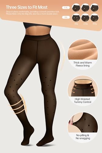 Image of Vertvie 2 Pairs Fleece Lined Tights for Women Thermal Pantyhose Fake Translucent Winter Warm Tights Thick Leggings (220g-Thin Fleece,Black Sheer /Heart Black Sheer,Small-Medium)