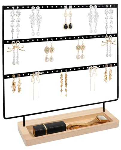 3 Tier Schmuckständer Ohrringhalter 75 Löcher Ohrring Ständer Ohrringe Ohrstecker Aufbewahrung mit Holztablett Schmuckhalter Aufbewahrung für Ohrhänger Ringe Halsketten Armbänder (Schwarz)