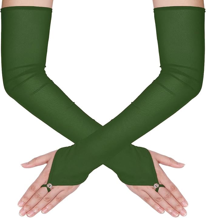 Theaque Women's Long Fingerless Sheer Gloves Tulle Mesh Gloves for Wedding Bridal Opera Party Halloween Costume (Dark Green, One Size)