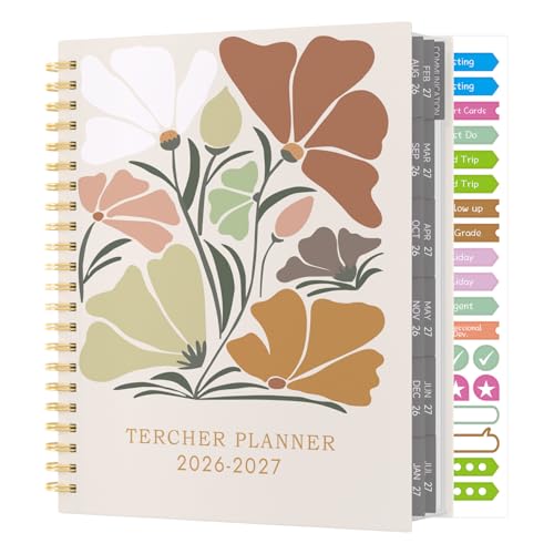 Teacher Planner 2026-2027 August 2026 - July 2027 Academic Diary Teachers Lesson Planner Book with Stickers 8.5 x 11 Wirebound Laminated Tabs Pocket - Easily Organize Class Schedule - Floral