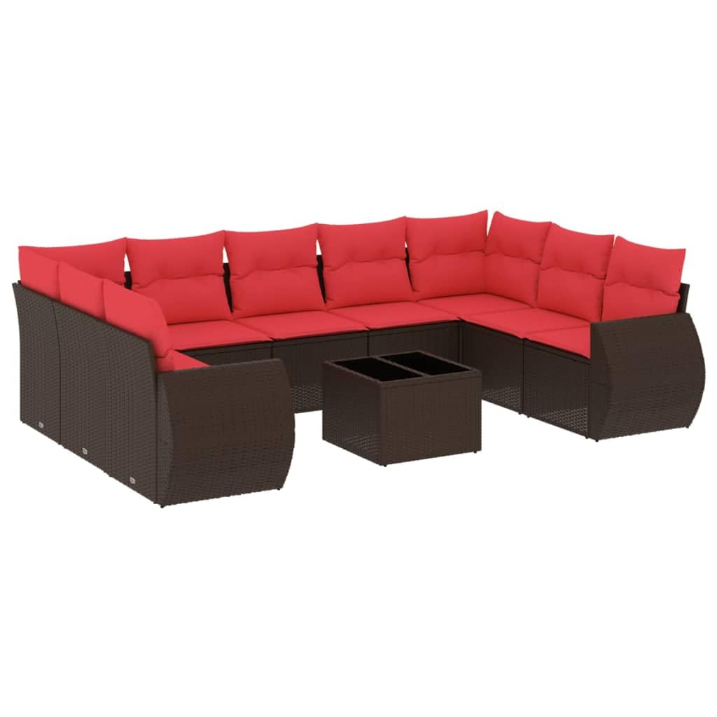 Set divano da giardino, 10 pezzi, polyratan marrone con cuscini e tavolo
